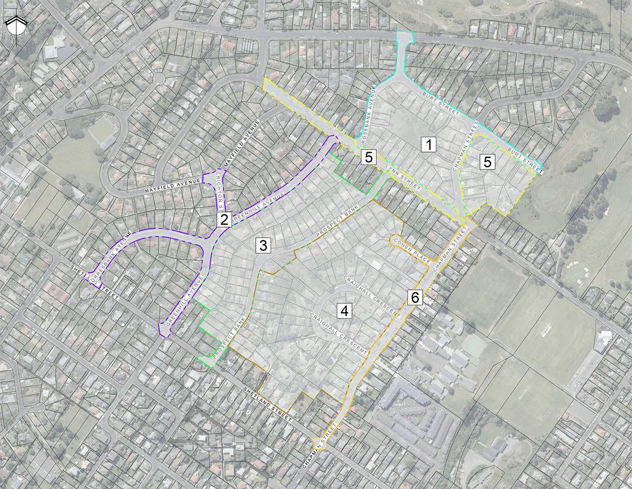 Map of areas 1-6 of the Chapman Street area pipe renewals