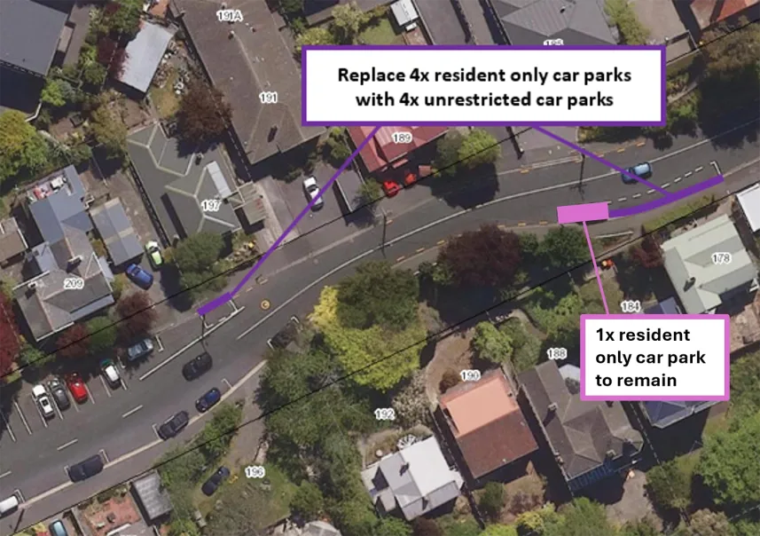 Map showing the proposal to replace four resident only car parks with four unrestricted car parks near 184 and 197 Cargill Street.