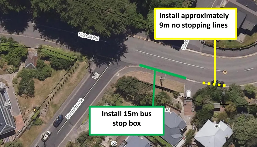 Map showing proposal to install a 15-metre bus box and an entry taper of 9 metres of no stopping lines near 38 Highcliff  Road.