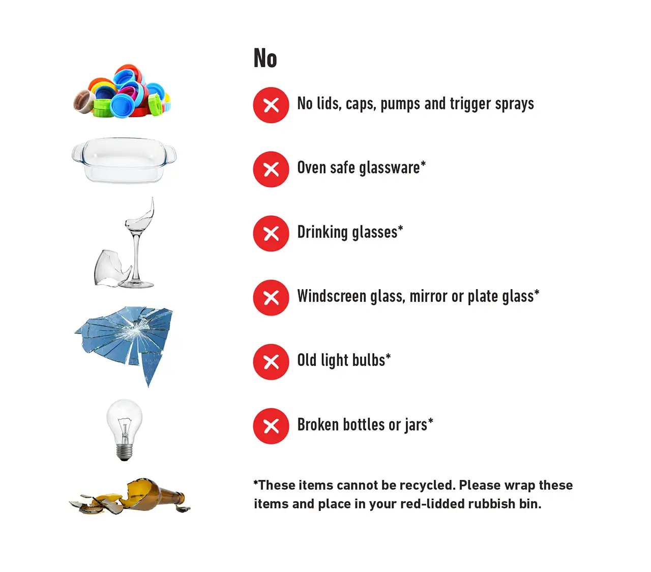 Unacceptable items for blue glass recycling