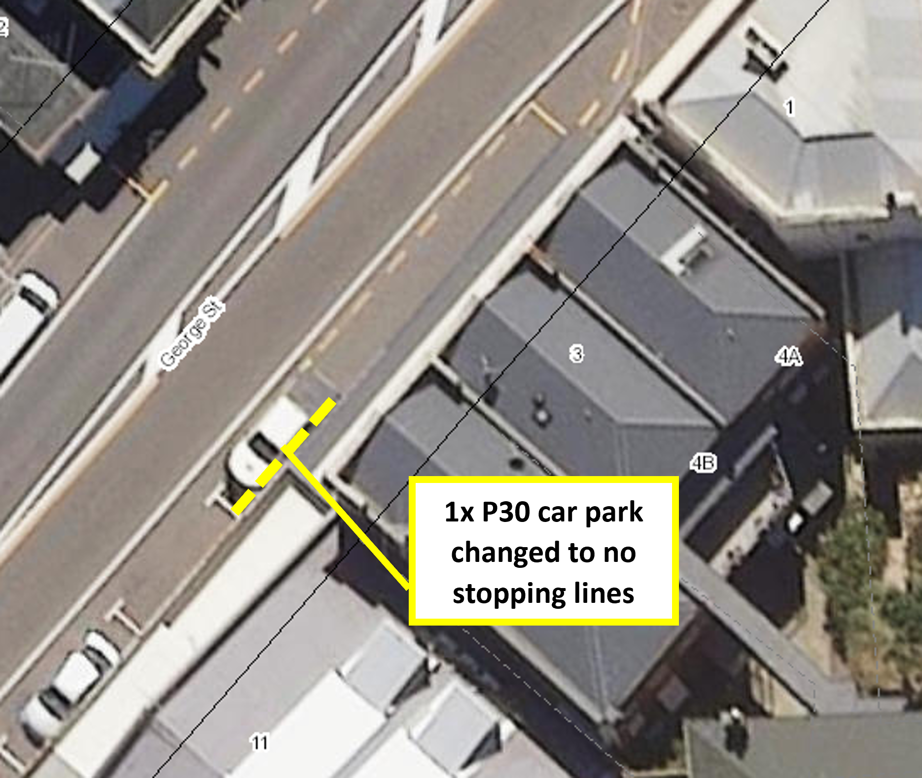 Map showing proposal to install 9 metres of no stopping lines in front of the bus stop at 3 George Street (Port Chalmers).