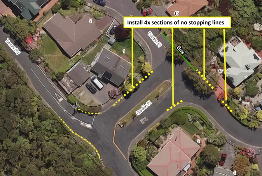 Map showing the proposal to install four sections of no stopping lines around the centre island at Garden Place.