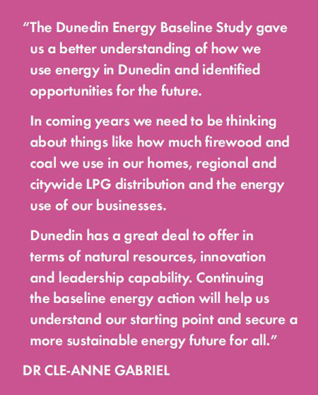 The Dunedin Energy Baseline Study gave us a better understanding of how we use energy in Dunedin and identified opportunities for the future. In coming years we need to be thinking about things like how much firewood and coal we use in our homes, regional and citywide LPG distribution and the energy use of our businesses. Dunedin has a great deal to offer in terms of natural resources, innovation and leadership capability. Continuing the baseline energy action will help us understand our starting point and secure a more sustainable energy future for all. - DR CLE-ANNE GABRIEL