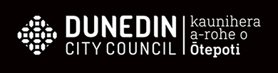 Dunedin City Council black and white reversed logo