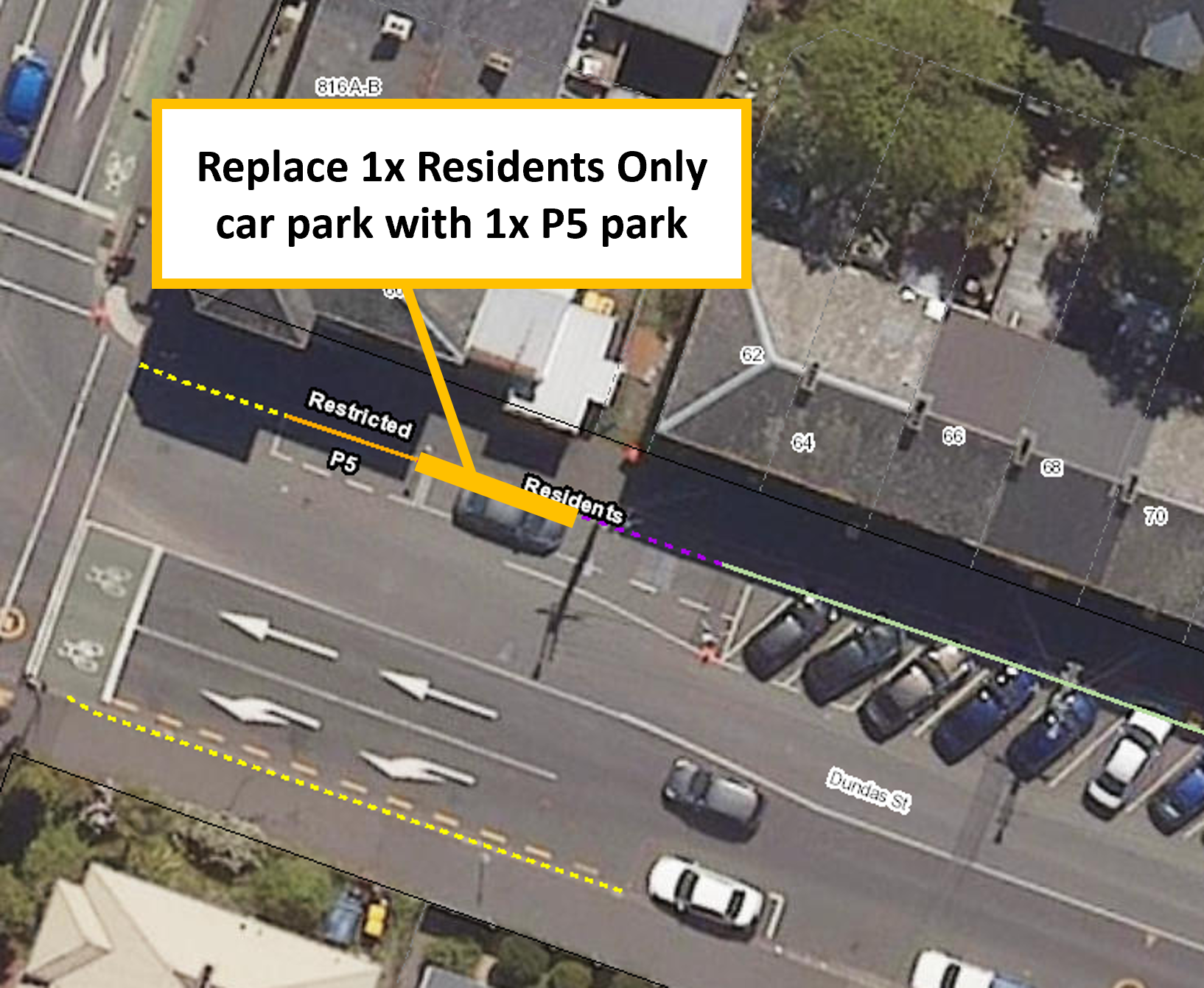 Map showing the proposal to replace one residents only car park near 60 Dundas Street with a five-minute park.