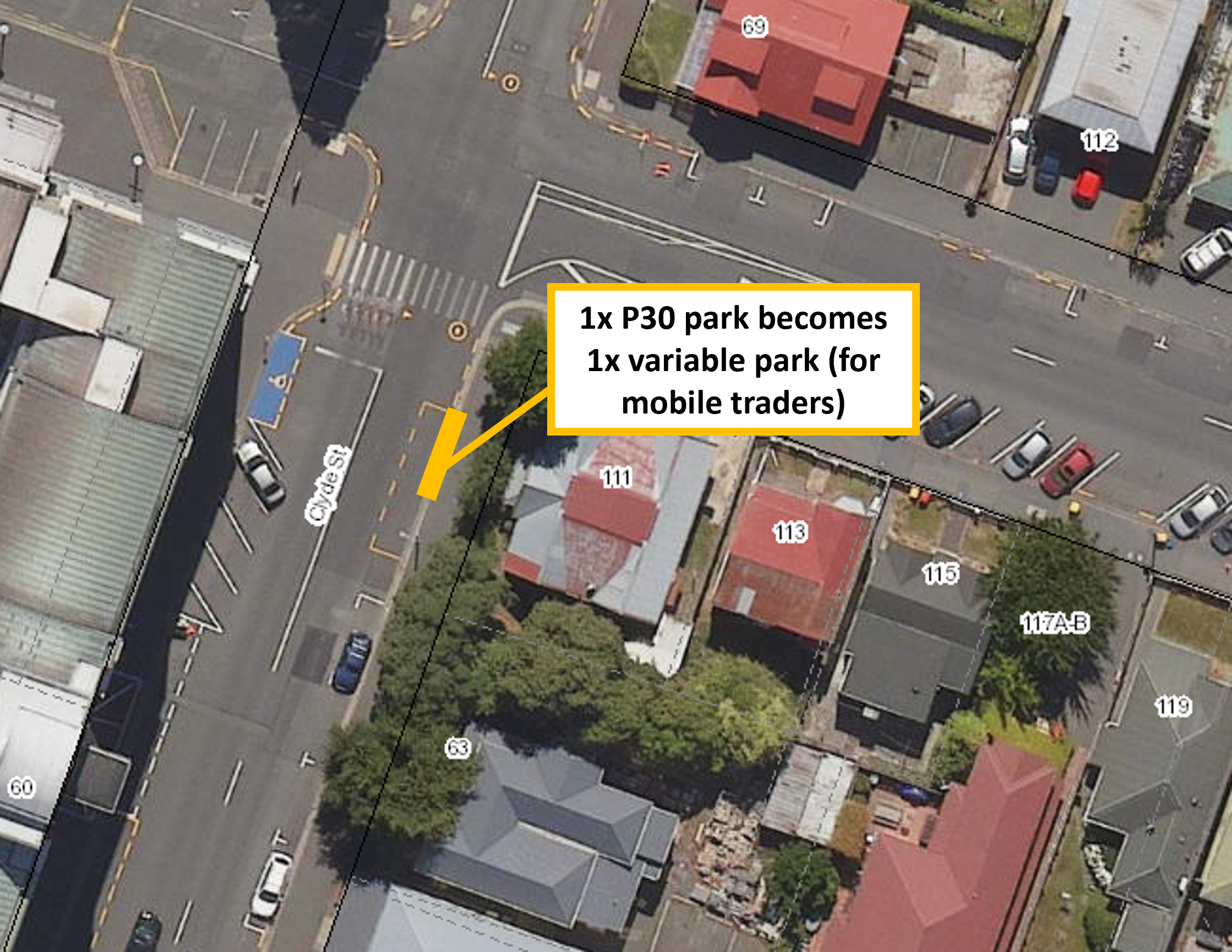 Map showing proposal to replace one thirty-minute park with one variable park for mobile traders.