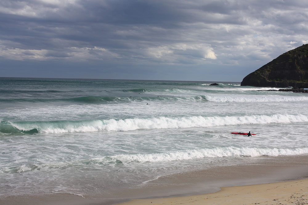 Surfers enjoying moderate-sized waves at St Clair Beach