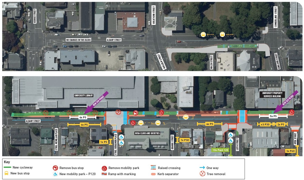 Albany St Map A Satellite depiction of new parking restrictions on Albany Street