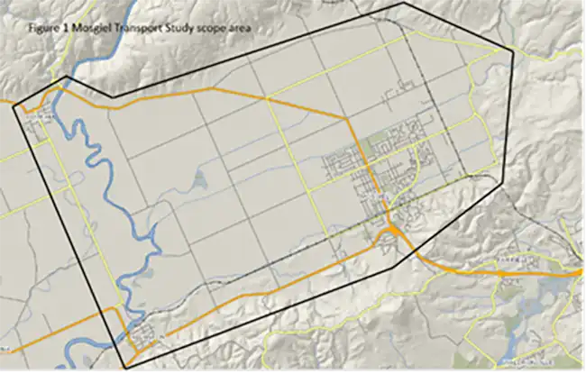 Map of Mosgiel and the northern Taieri plains showing the study area extending from Outram and Allanton northwards towards the base of 3 Mile Hill including the urban areas of Mosgiel.