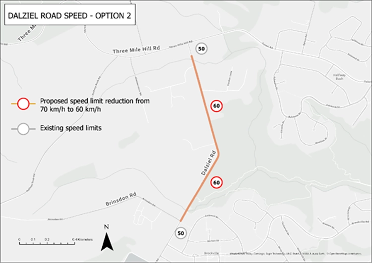 Dalziel Rd speed map  - Proposed speed limit changes map - Option 2