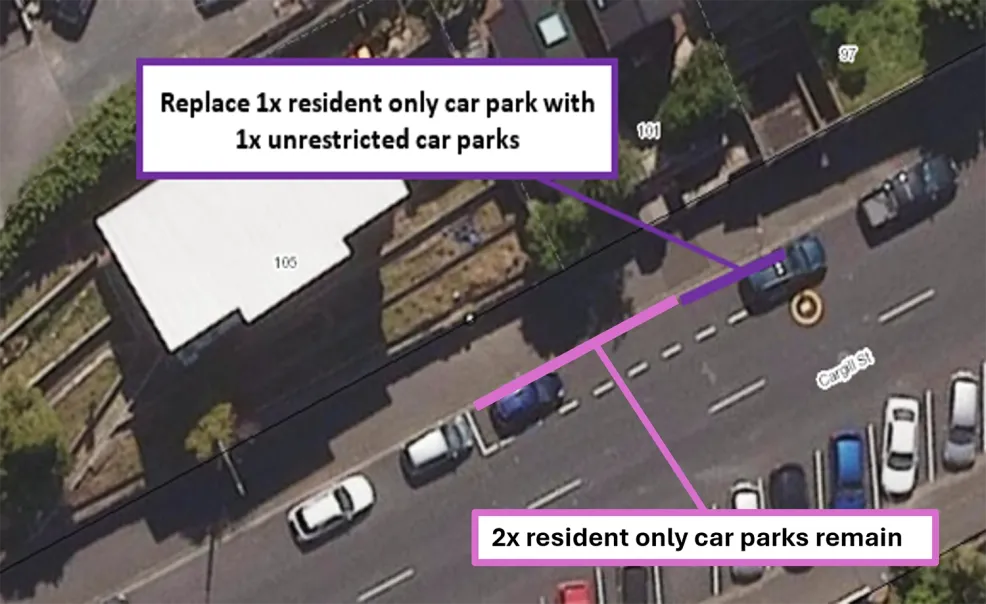 Map showing the proposal to replace one residents' only car park with one unrestricted car park.