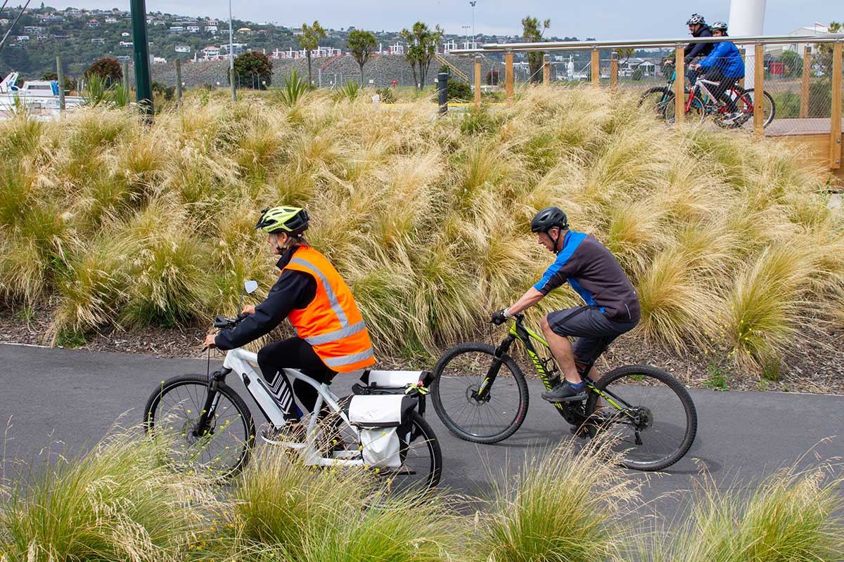 Two people Dunedin cycling the urban cycleways