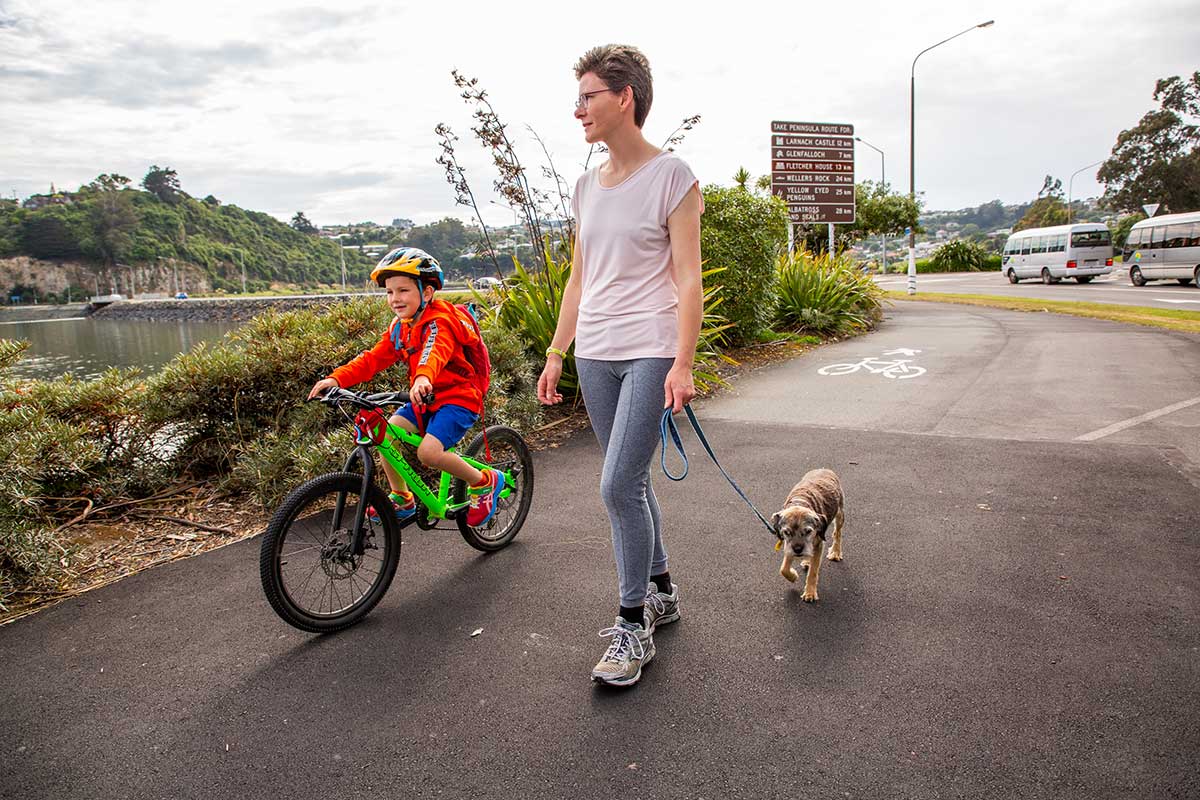 A person and a child riding a bicycle with a dog on a leash