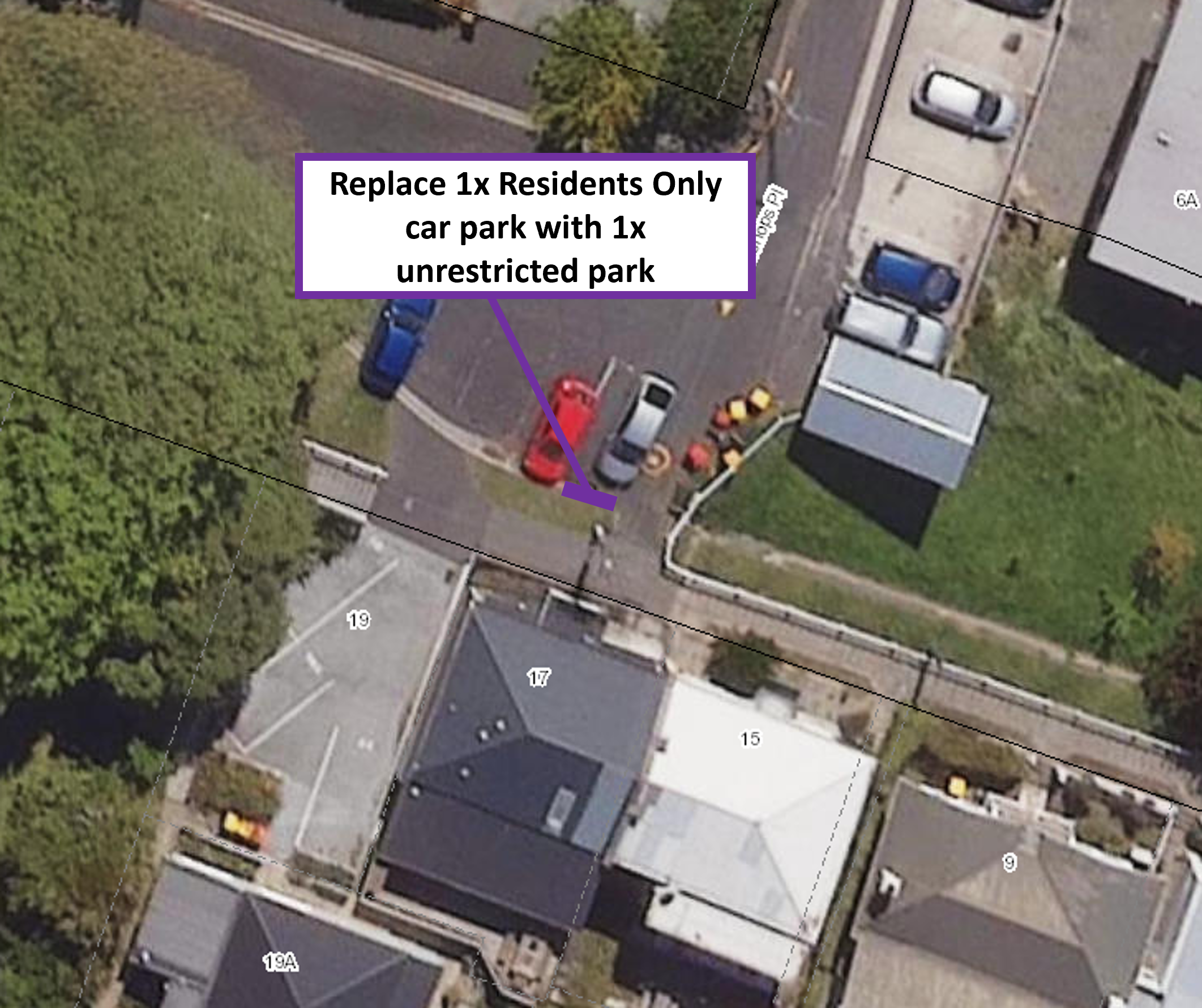 Map showing the proposal to replace one residents only car park next to 17 Elm Row with one unrestricted car park.