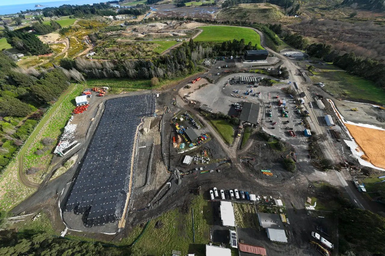 Image is an aerial view of the construction underway at the Recovery Park