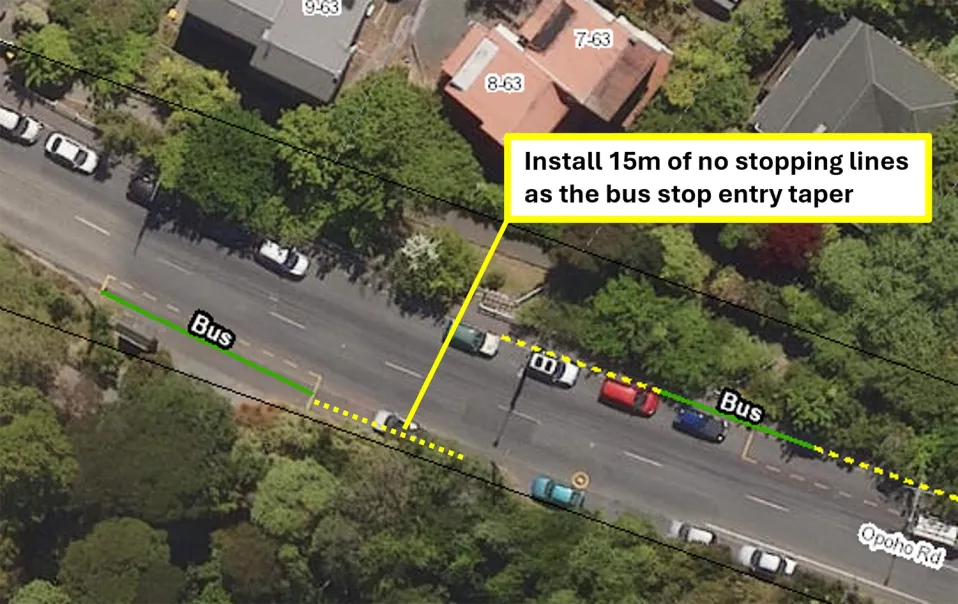 Map showing proposal to install 15 metres of no stopping lines as an entry taper for a bus stop across from 63 Opoho Road.