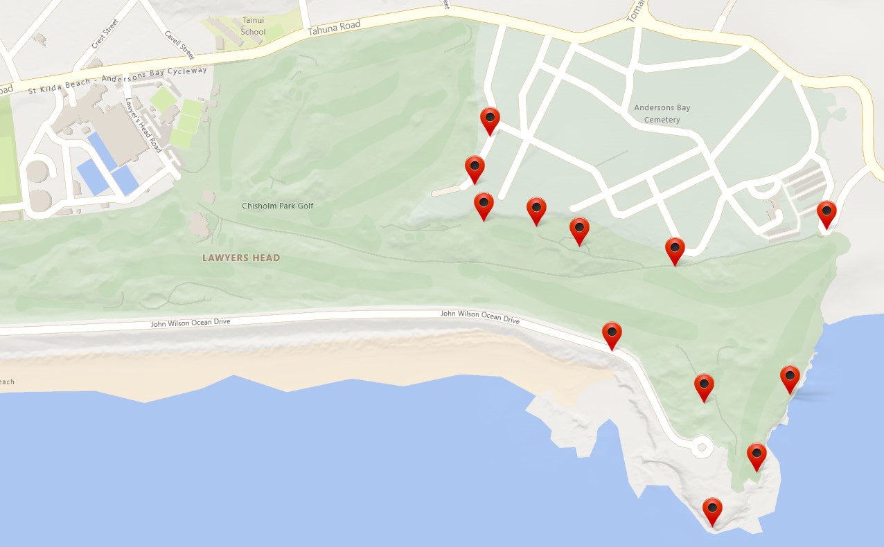 Dunedin Golf Club and Andy Bay Cemetery pen locations