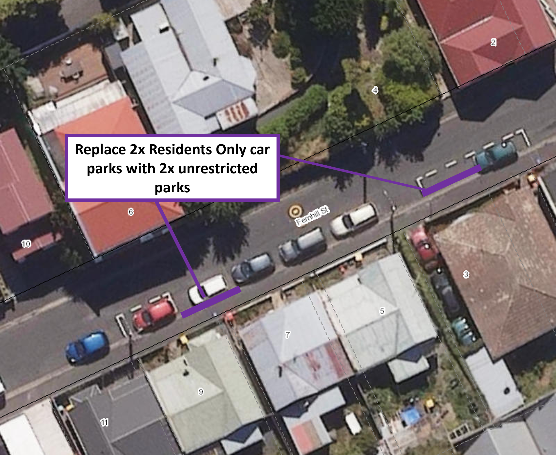 Map showing the proposal to replace two residents only car parks near 9 Fernhill Street with two unrestricted car parks.