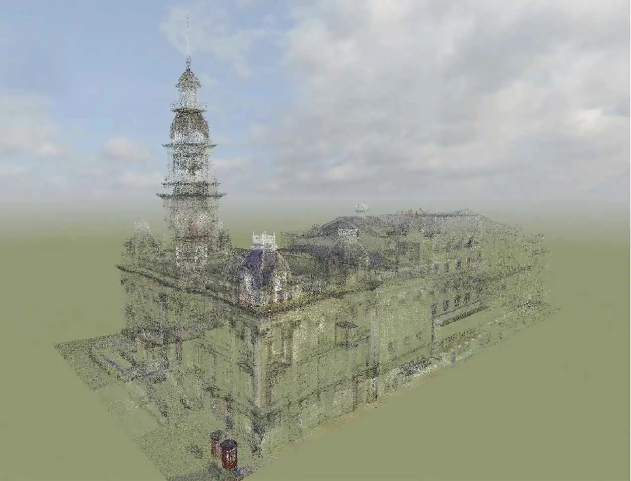 A computer generated 3D rendering of the interior structure of Dunedin Municipal Chambers building with pressure points and different material densities indicated by pixelated colour gradients. The pixelated digital image shows a distorted x-ray like scan of the building structure revealing its historical Gothic-design, clock tower and high-reaching stacked dome, and arched windows set in a plain computer generated background and shaded area.