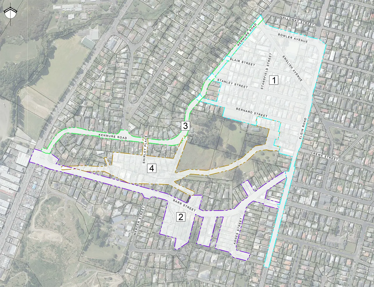 Map of areas 1-4 of pipe renewals in Kenmure 