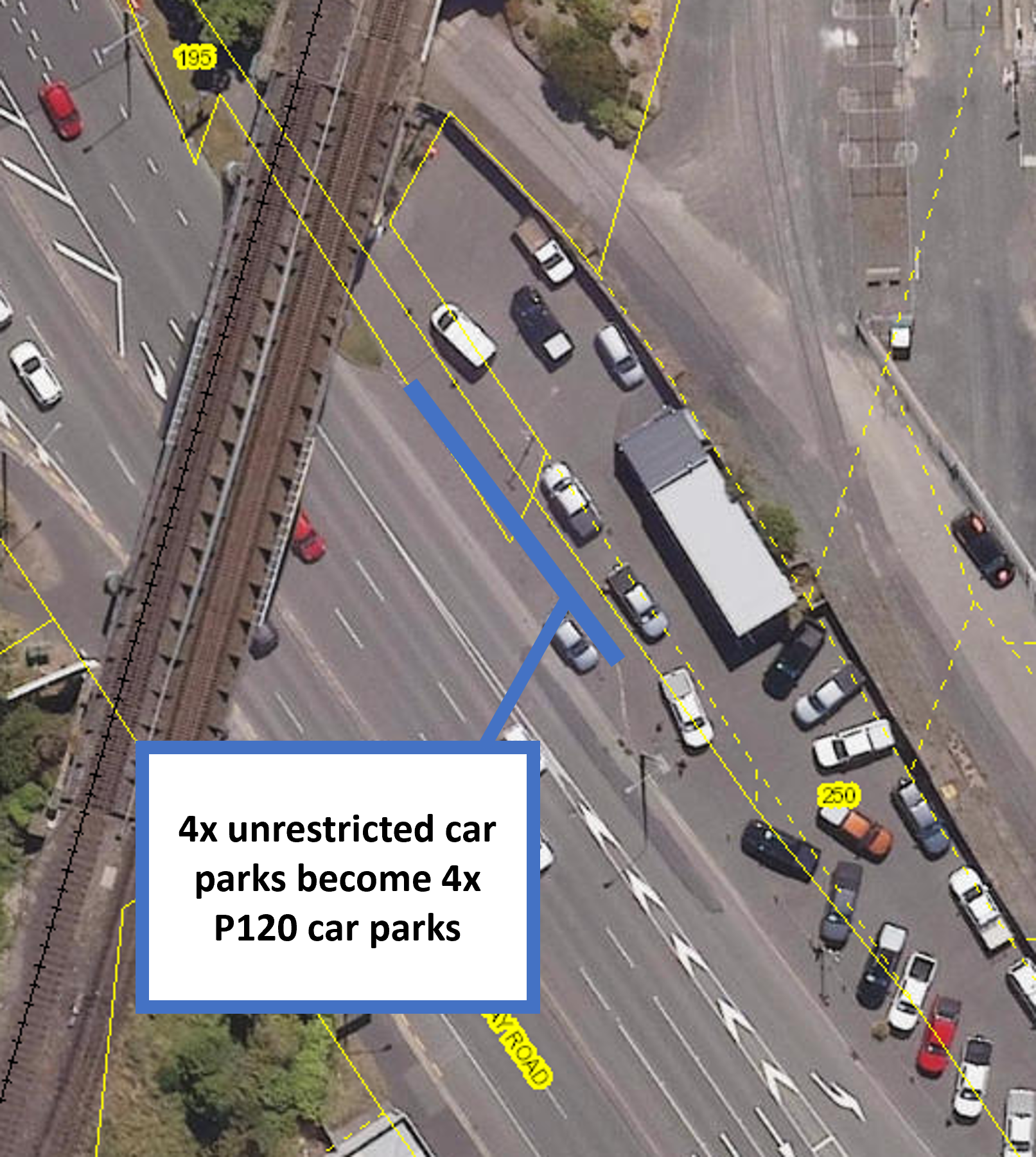 Map showing proposal to replace four unrestricted car parks with four two-hour car parks.