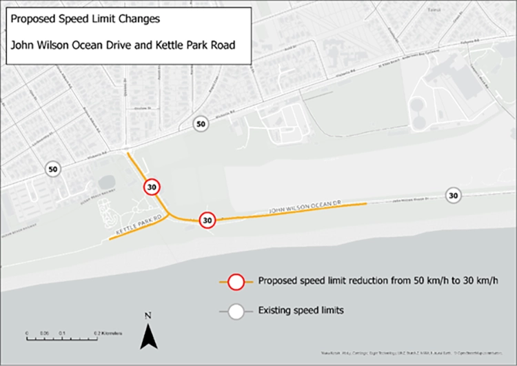 John Wilson Ocean Drive and Kettle Park Road speed limit changes map John Wilson Ocean Drive and Kettle Park Road speed limit changes map