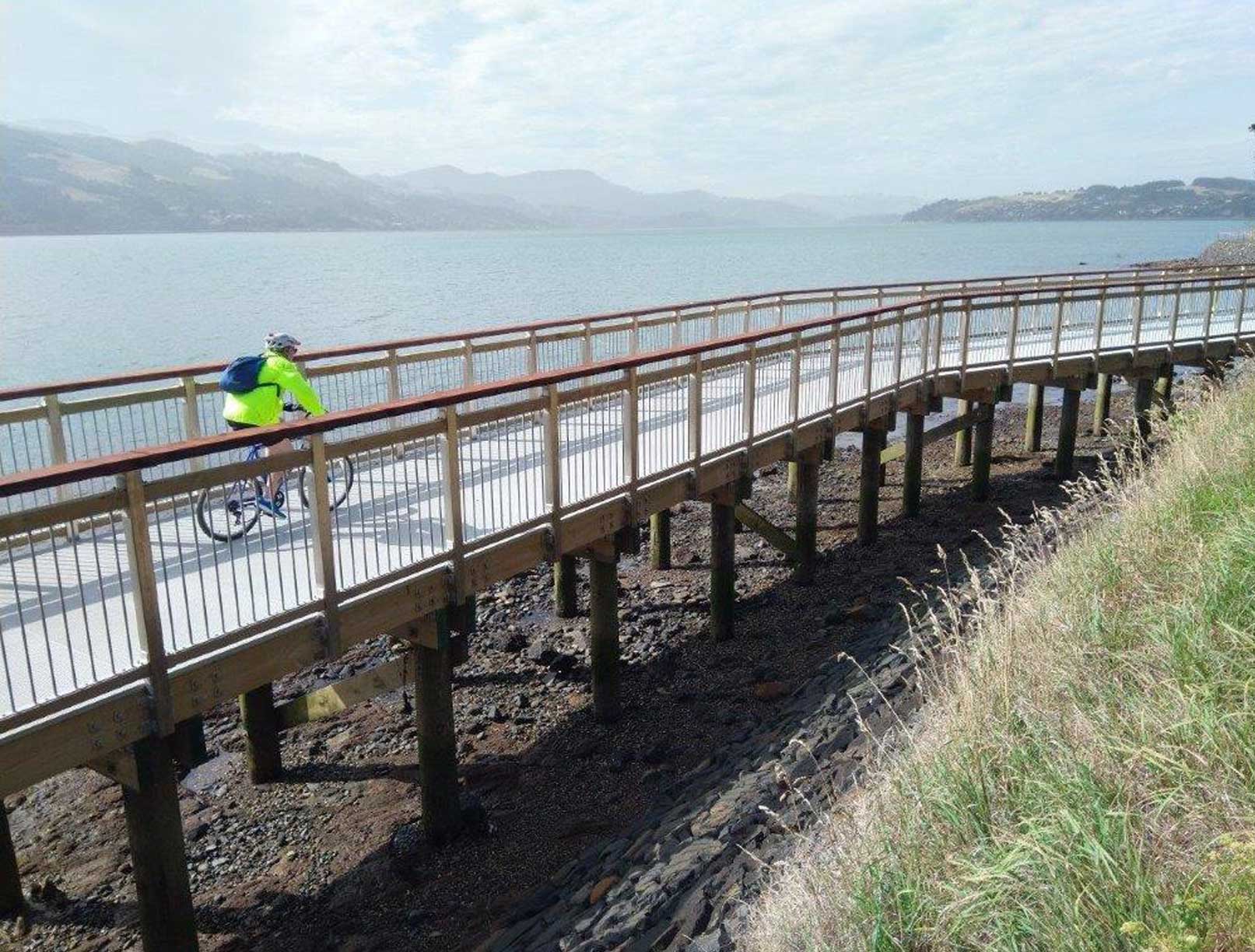 Cyclist on the completed boardwalk