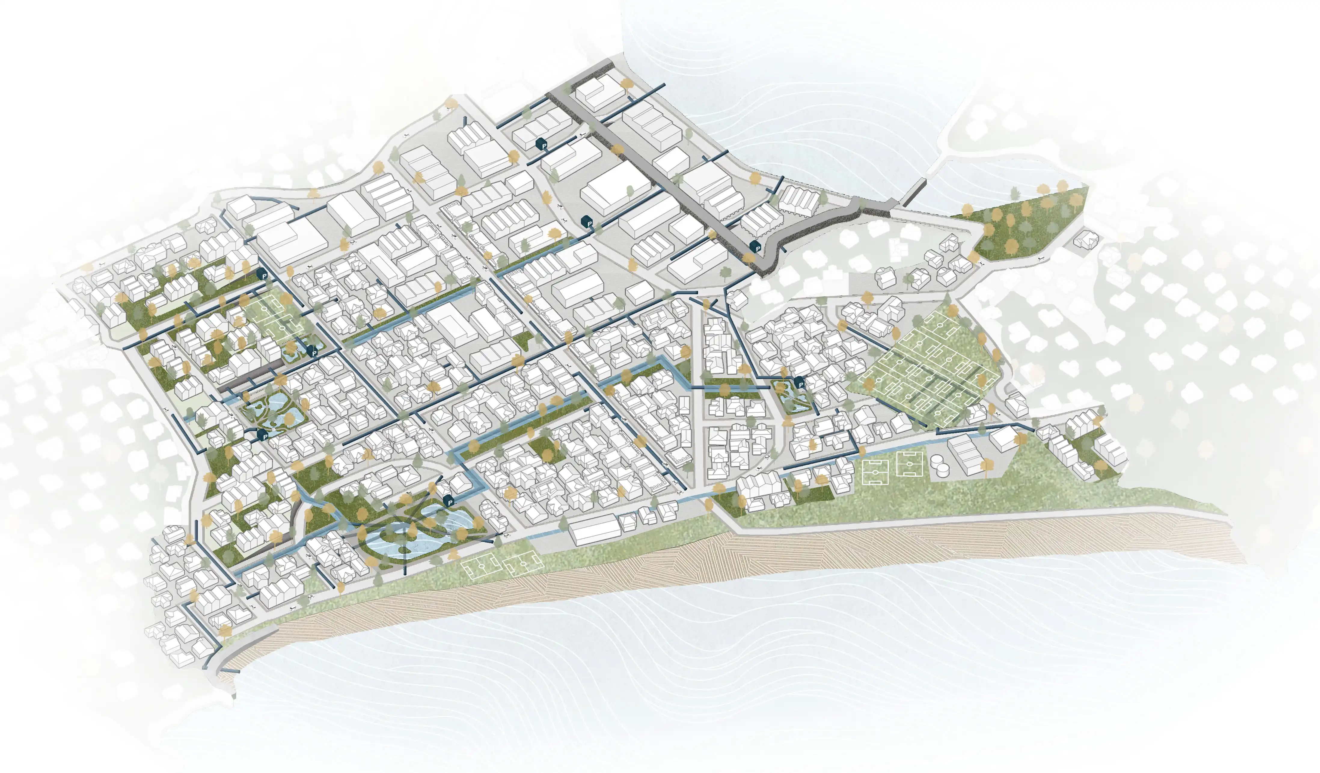 Seeks to move people out of harm&rsquo;s way using land raising and infrastructure alongside new green spaces and waterways. Coastal protection is moved inland