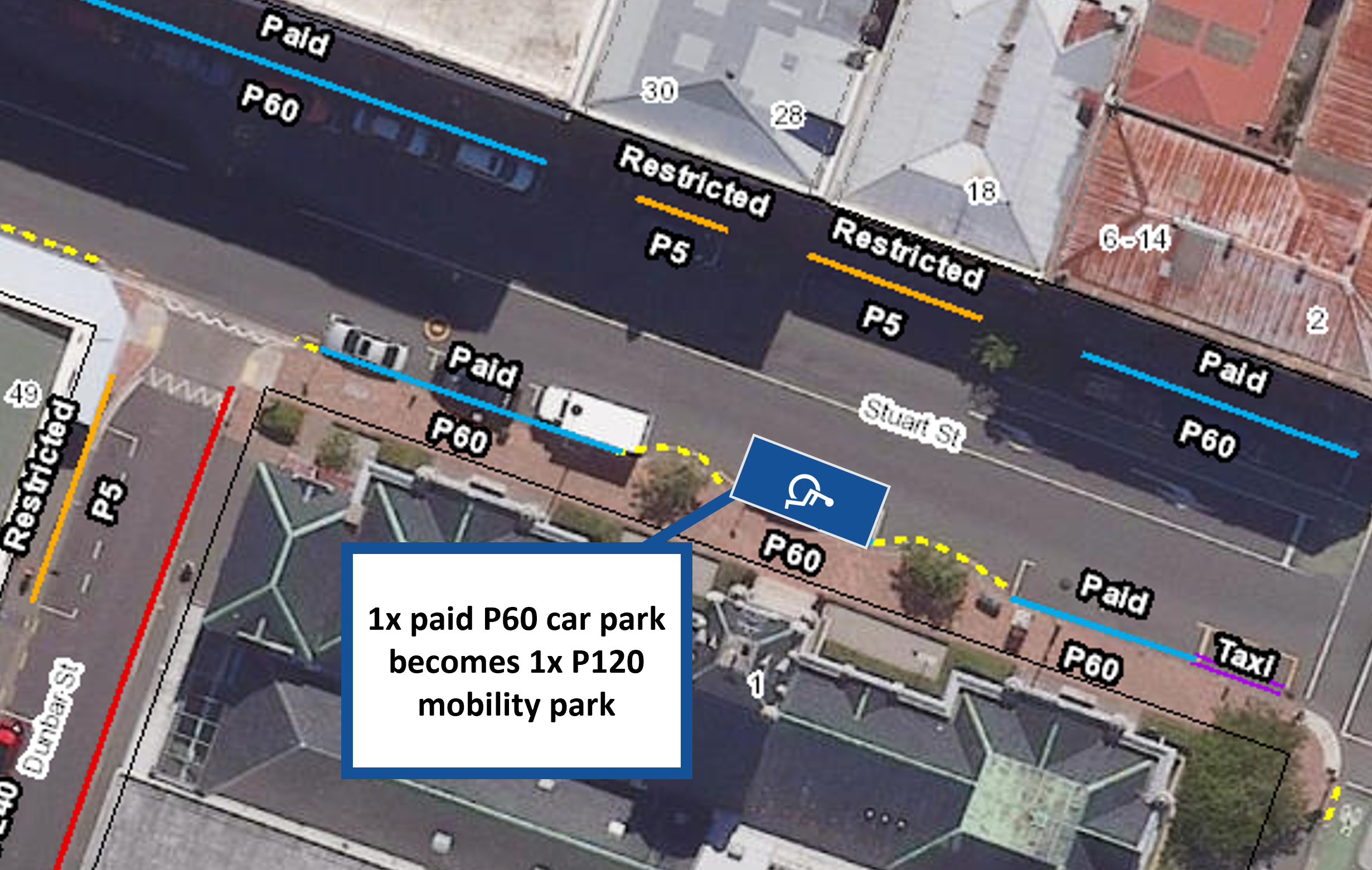 Map showing proposal to convert one paid sixty-minute car park to one two-hour mobility park outside of 1 Stuart Street - Dunedin District Court.