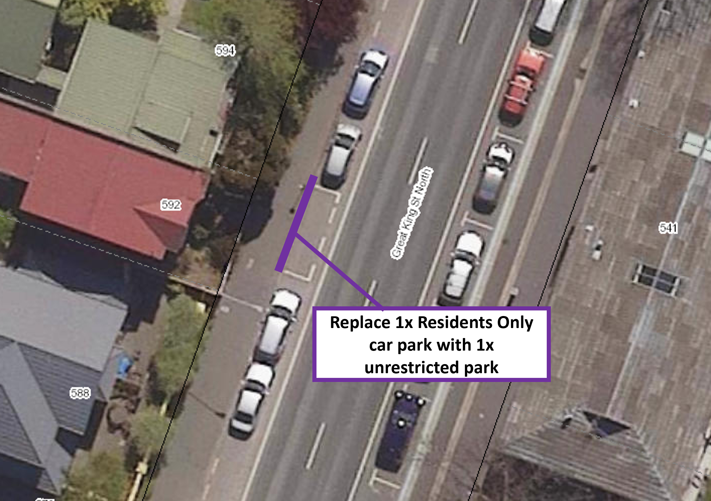 Map showing proposal to replace one residents only car park by 592 Great King Street with one unrestricted car park.