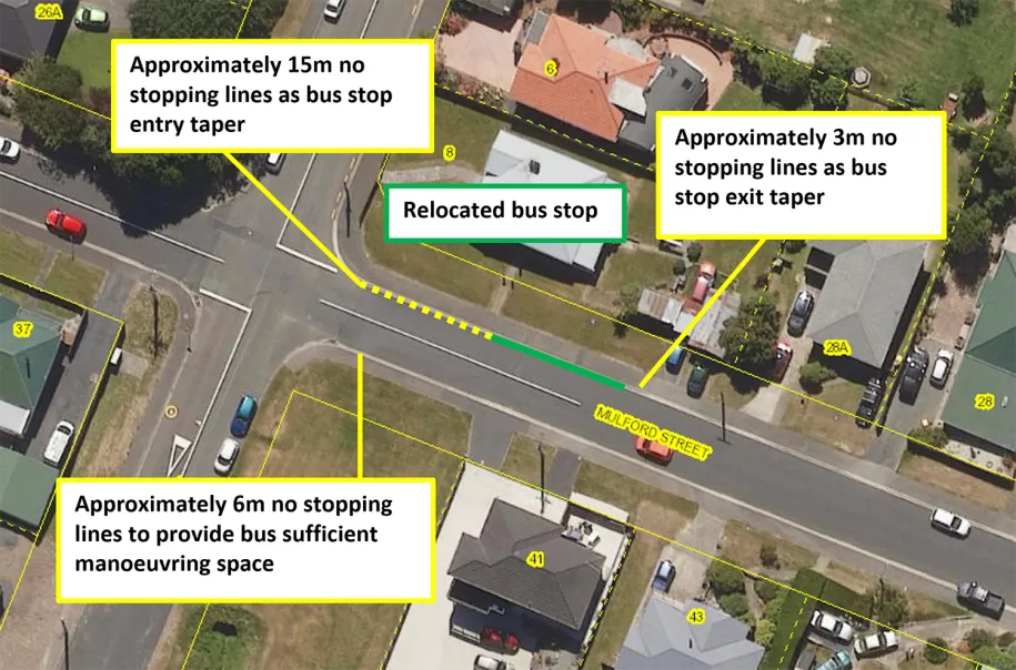 Map showing proposal to relocate existing bus stop and install three sections of no stopping lines near 41 Mulford Street.