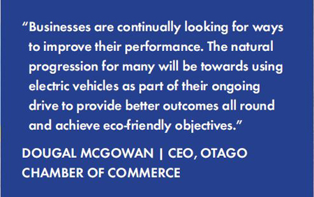  Businesses are continually looking for ways to improve their performance. The natural progression for many will be towards using electric vehicles as part of their ongoing drive to provide better outcomes all round and achieve eco-friendly objectives.- DOUGAL MCGOWAN | CEO, OTAGO CHAMBER OF COMMERCE