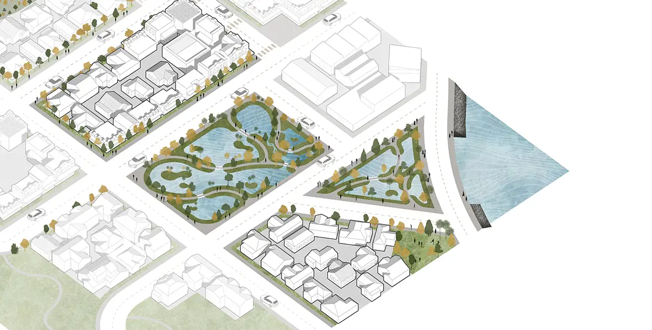 The adaptation approach called managed relocation. The illustration shows a suburban area like South Dunedin in which several blocks of houses have been replaced with wetlands and ponds and new tree plantings.