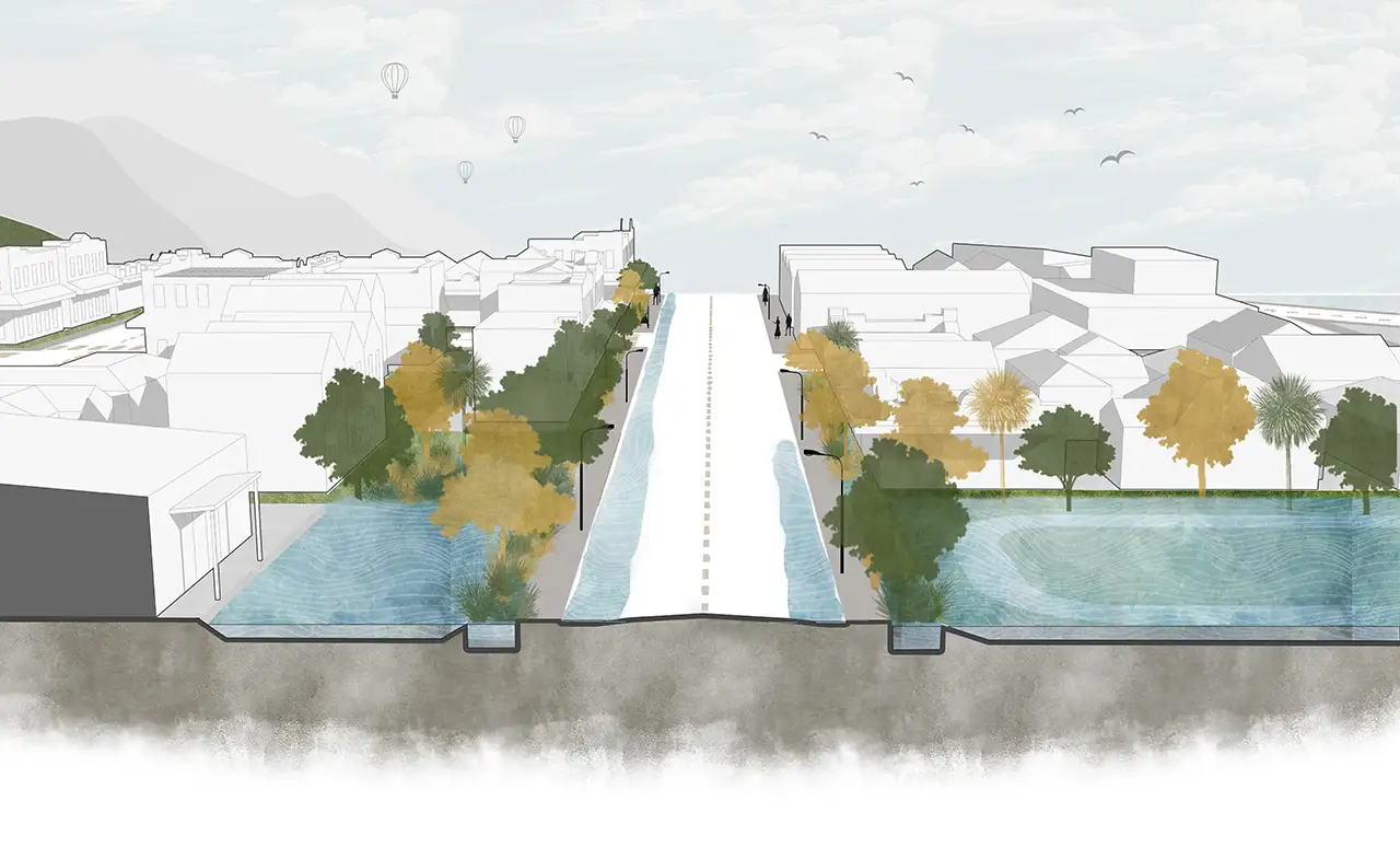 The adaptation approach called floodable infrastructure. The illustration shows a suburban area like South Dunedin with several parks and the side of a major road covered in water indicating that some areas could be designed to allow for flooding without damage. 
