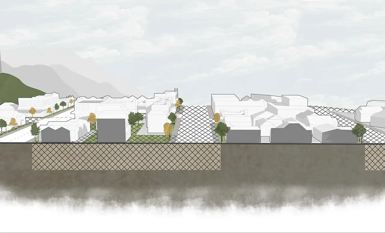 The adaptation approach called ground reinforcements. This illustration shows a suburban area like South Dunedin with cross-hatching over parts of the ground to indicate areas that have been reinforced.