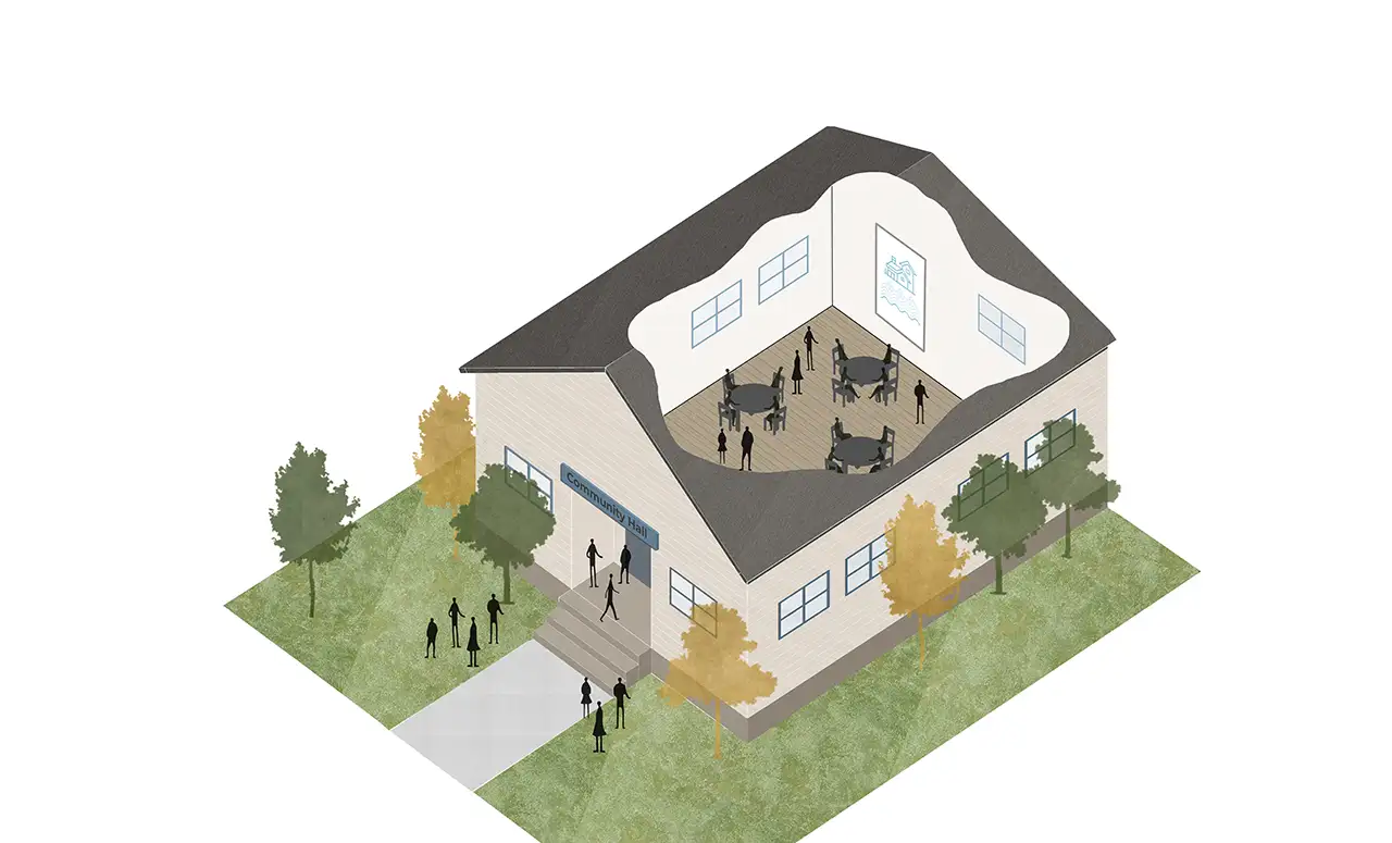 The adaptation approach called behavioural or societal changes. This illustration shows a community hall surrounded by trees and grass. People are sitting around tables inside discussing things, and there are some other people out the front talking in groups. 