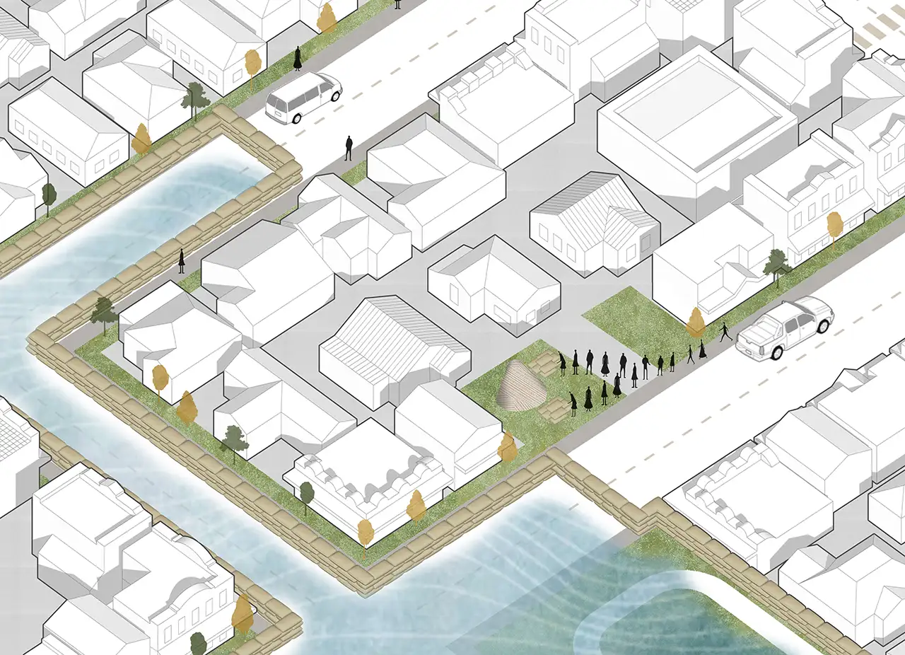 The adaptation approach called readiness and response. The illustration shows a suburban area of houses and roads with water flooded over some roads but held back from the houses by rows of sand bags.