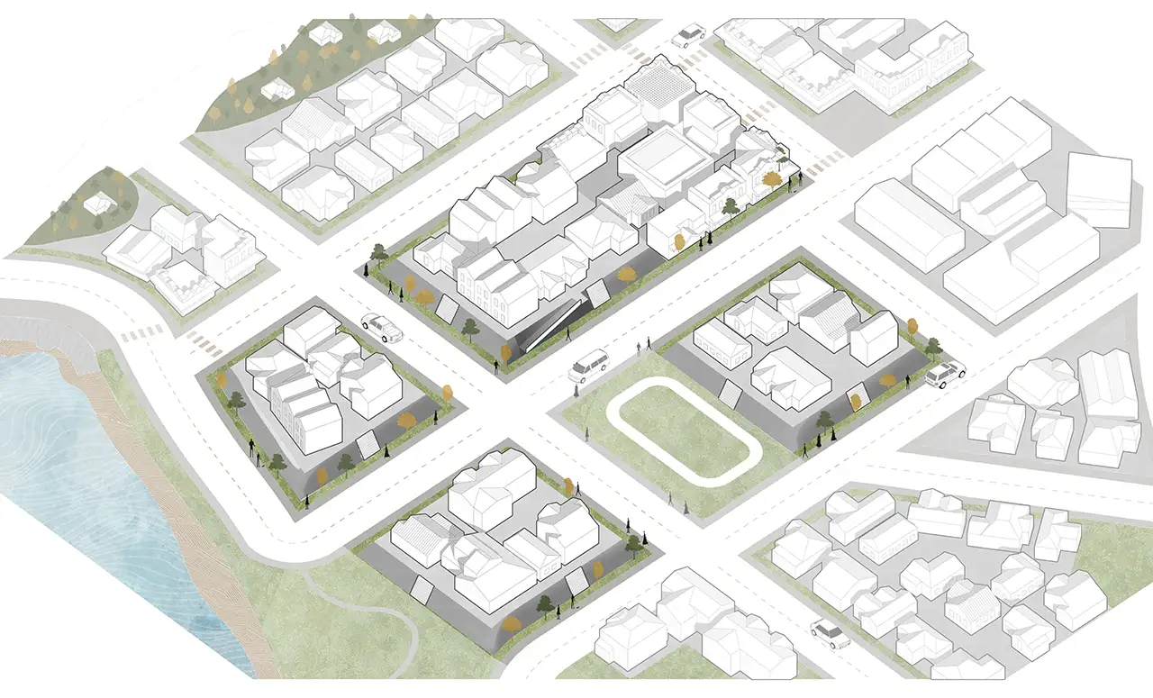 The adaptation approach called land grading. This illustration shows a suburban area like South Dunedin with some blocks of land built up by several metres and with buildings on top of these raised blocks. Stairs and accessible ramps are show to reach the lifted properties. 
