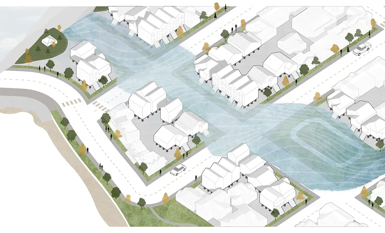 The adaptation approach called property level interventions. The illustration shows a suburban area in which many of the hoses have been lifted on stilts, while some of the roads and a park are flooded. 