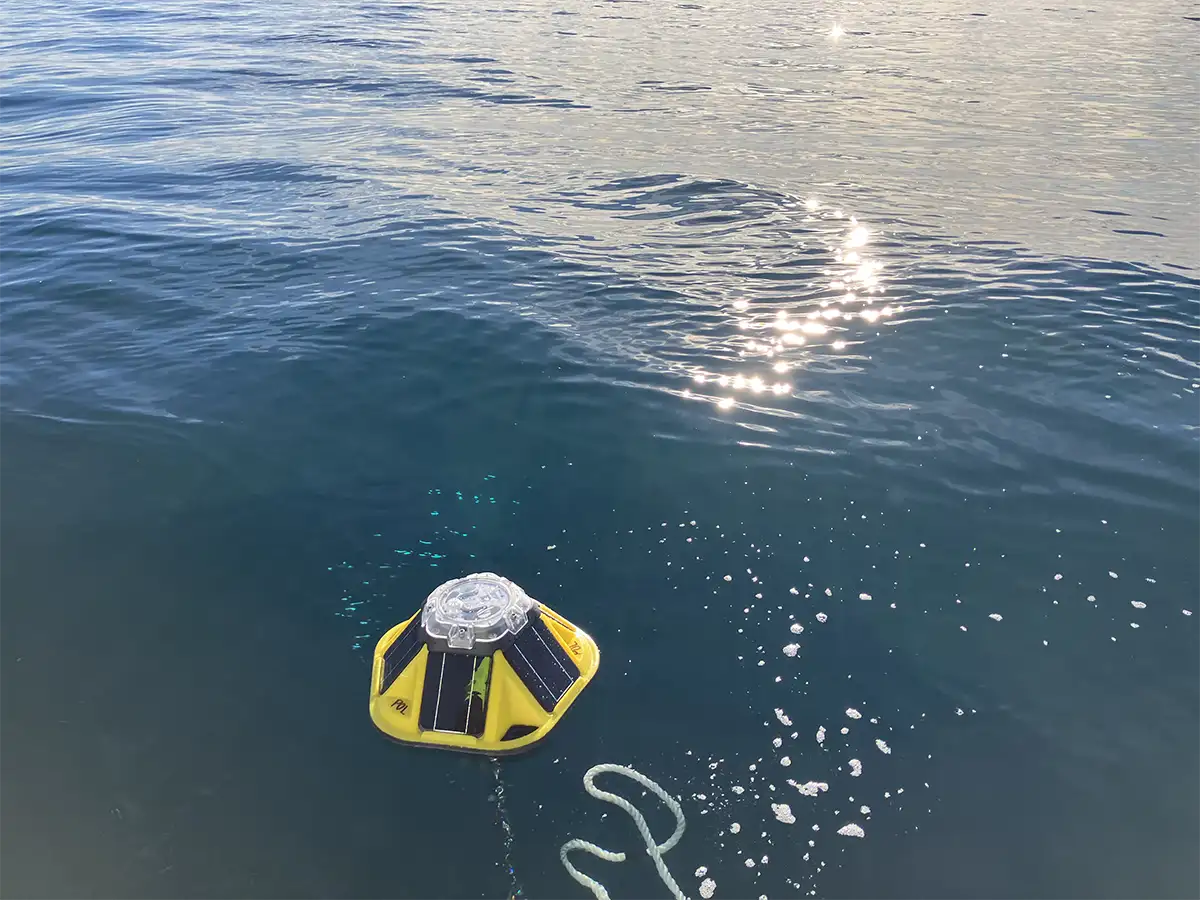 Close up of one out of three wave buoys deployed