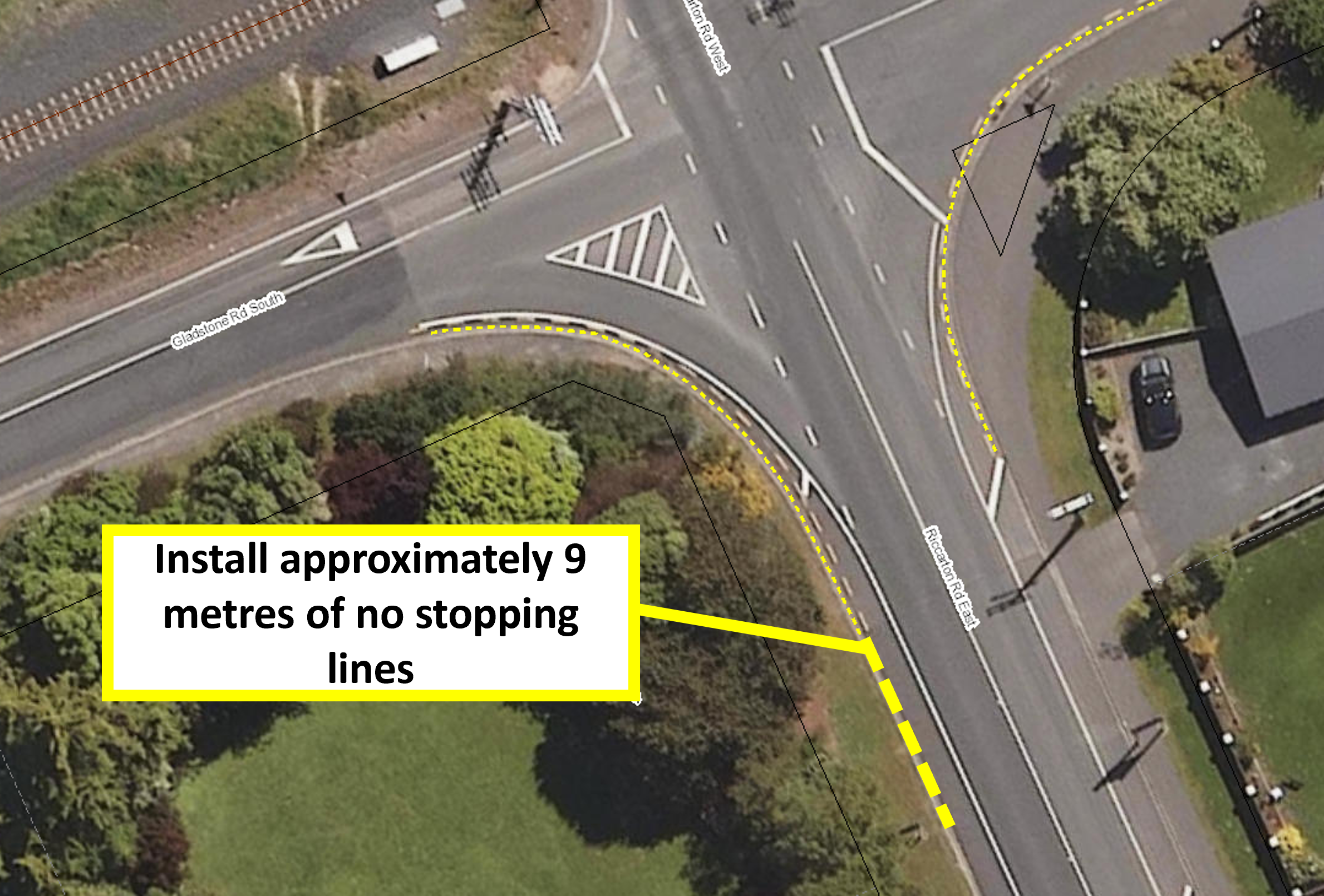 Map showing the proposal to install 9 metres of no stopping lines on Riccarton Road East near the intersection with Gladstone Road South.