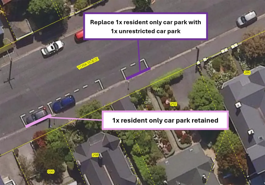 Map showing the proposal to replace one resident only car park in front of 292 York Place with one unrestricted car park.