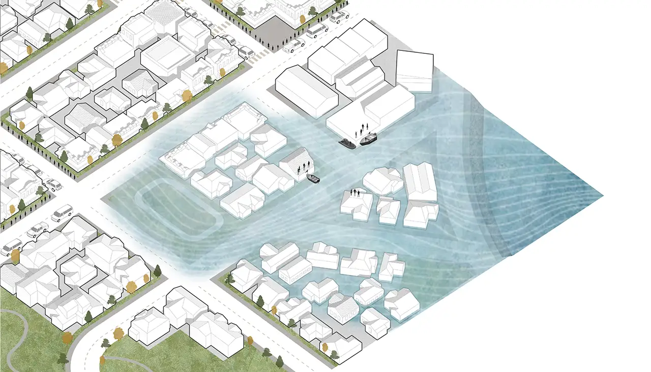 The adaptation approach called reactive retreat. The illustration shows a suburban area like South Dunedin which is partially flooded across roads, parks and private properties. There are two boats and groups of people near them. 