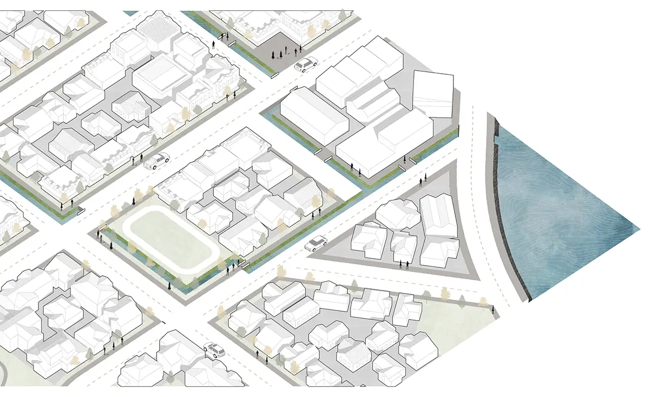 The adaptation approach called groundwater lowering, drainage or dewatering wells. This illustration shows a suburban area like South Dunedin with new open drainage ditches or canals running alongside some of the roads.
