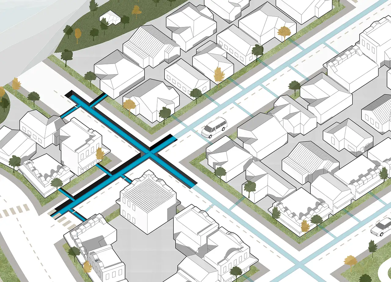 The adaptation approach called remove wastewater network overflows and cross-connections. This illustration shows a suburban area like South Dunedin with larger underground pipes in some areas which can carry more water. 