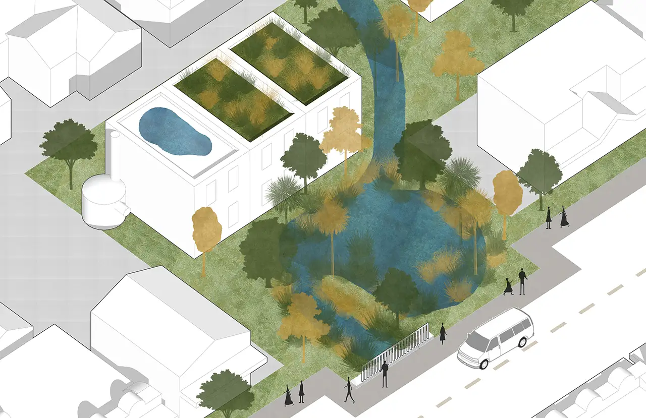 The adaptation approach called dedicated water storage. This illustration shows a close up of a suburban block which has been changed to have green rooves on buildings, grass areas with a pond and trees and an open stream which carries water to the pond. 
