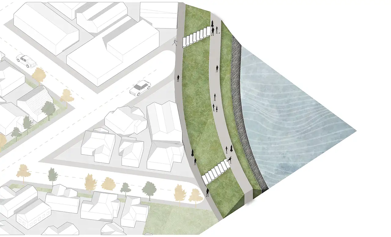 The adaptation approach called coastal protection. The illustration shows the coastal edge of a suburban area with a new sea wall made of grass and hard-surfaces like concrete.  