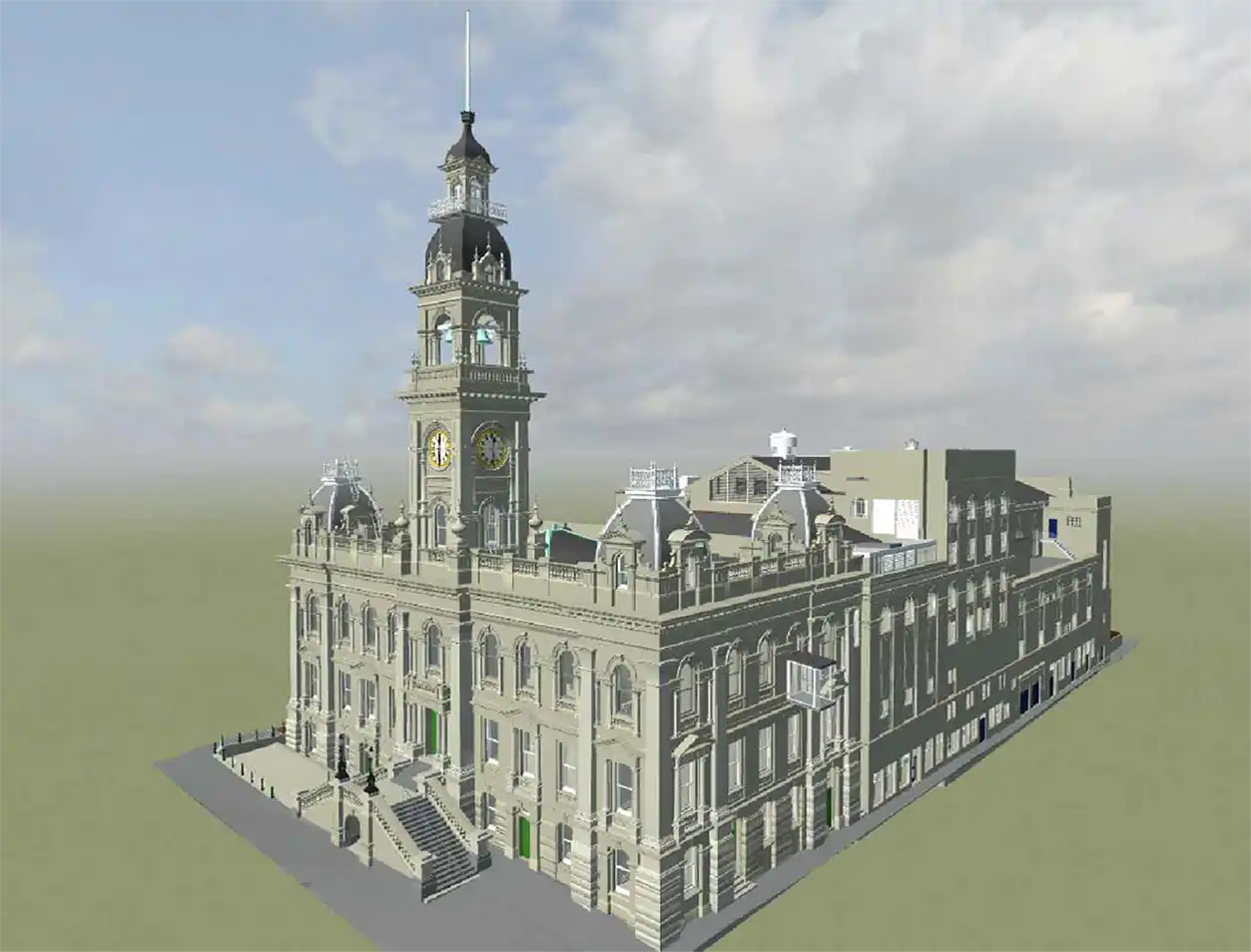 A computer generated 3D rendering of the Dunedin Municipal Chambers building. The digital architectural image shows a Gothic-structure building topped with a clock tower with a high-reaching stacked dome, and arched windows set in a plain background and shaded area. A computer generated 3D rendering of the Dunedin Municipal Chambers building. The digital architectural image shows a Gothic-structure building topped with a clock tower with a high-reaching stacked dome, and arched windows set in a plain background and shaded area.