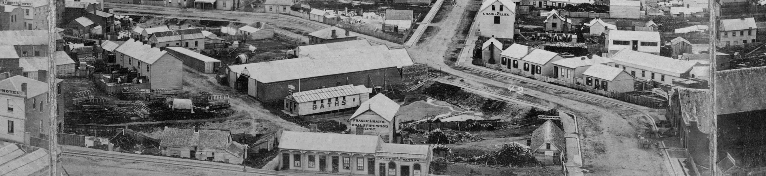 Panorama of Dunedin 1874, Photographer: Burton Brothers, [detail showing lower Stuart St and Bath St], Collection of Toitū Otago Settlers Museum, CS/9556