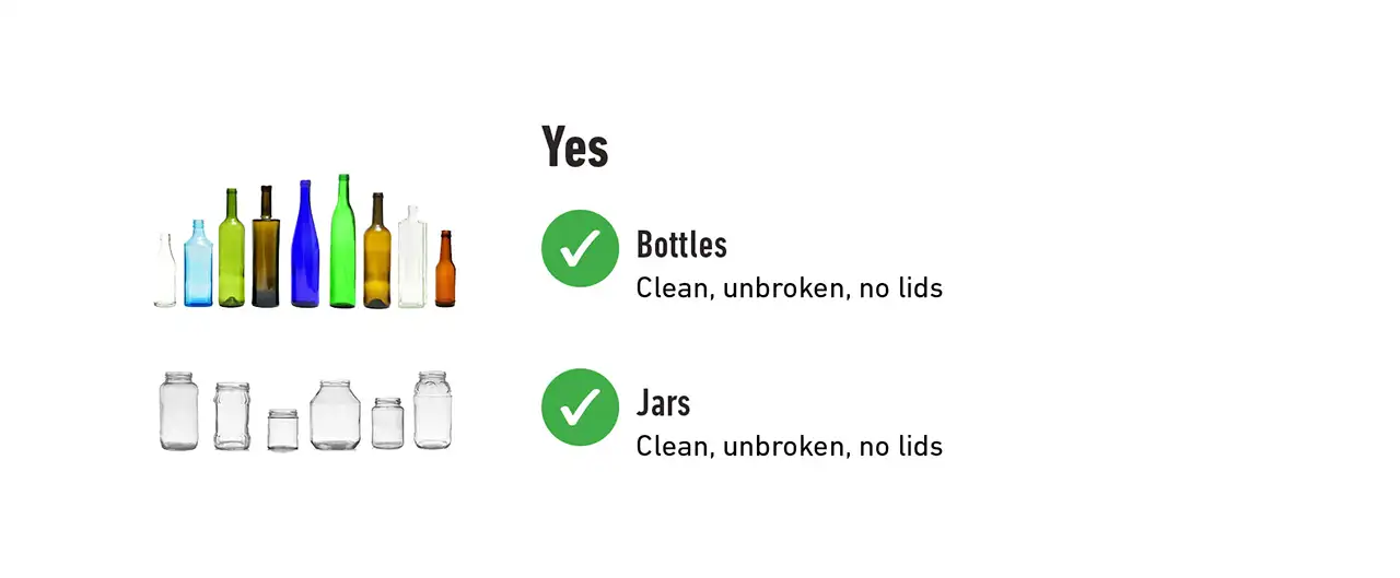 Acceptable items for blue glass recycling are clean and unbroken jars, blue, green or clear bottles with no lids